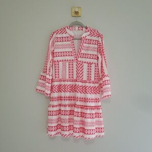 Sunday Up Dress Small Pink White Pattern Tiered Bell Sleeves Aztec Western Rodeo
